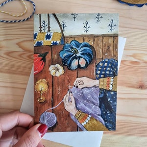 Carte A6 - Table d'automne - illustration tricot confortable - carte de voeux d'amitié