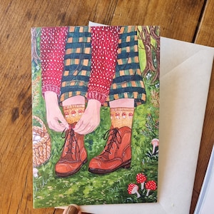 Carte de voeux « Forêt de champignons » - Illustration tricot douillette - Art populaire de Noël
