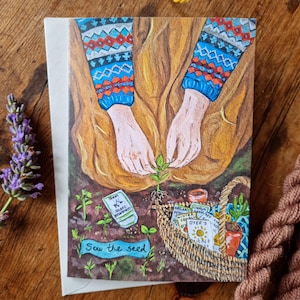Greetings Card 'Sow The Seed' - cosy gardening and knitwear illustration - Folk Art