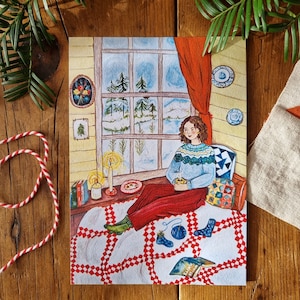 Postkartendruck - Knitting Nook #2 - gemütliche Strickillustration - festlich