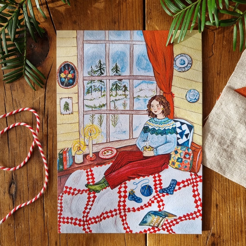 Postcard print Knitting Nook 2 cosy knitting illustration festive image 1