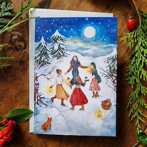 A6 Card 'Winter Gathering' - cosy knitting and quilt illustration