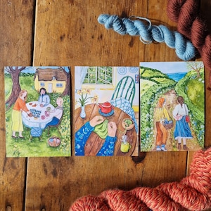 Lot de 3 cartes postales de printemps (2024 modèles) - illustrations de tricot sympas