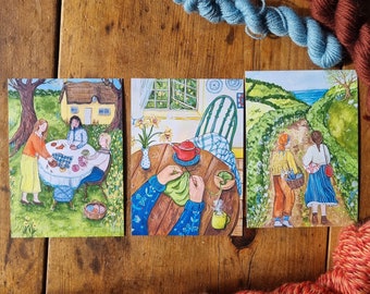 Pack of 3 Spring Postcards (2024 designs) - cosy, knitting illustrations