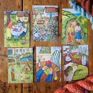 6 Spring knitting and crafting postcards cosy illustrations image 1