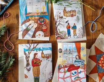 Pack of 4 Winter Cards (2023 designs) - greeting cards - cosy, knitting illustrations