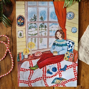 Postcard print Knitting Nook 2 cosy knitting illustration festive image 3