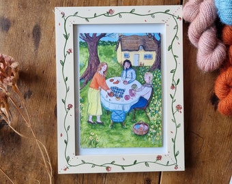 Hand-painted Frame with a Spring Knitting Postcard - 5x7" aperture - cosy illustration