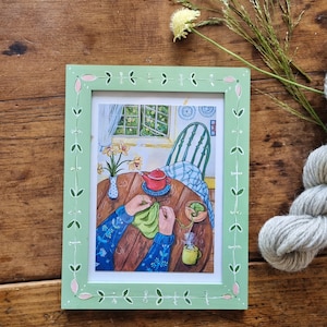 Cadre peint à la main avec une carte postale à tricoter printanière - ouverture de 5 x 7 pouces - illustration confortable
