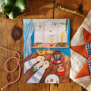 Impression carte postale - Table d'hiver - illustration tricot confortable