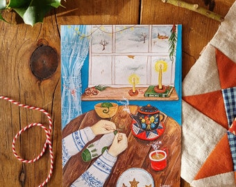 Postcard print - Winter Table - cosy knitting illustration