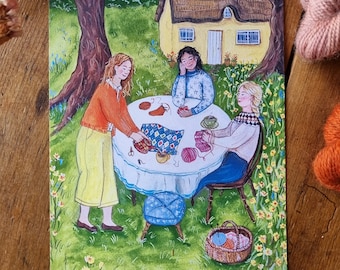 A5 Art Print - Crafting Circle No.2 - Knitting Group Illustration