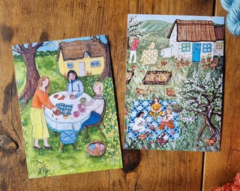 Two A5 Art Prints - Crafting Circle No.1 and 2 - Cosy Knitting Group Illustration