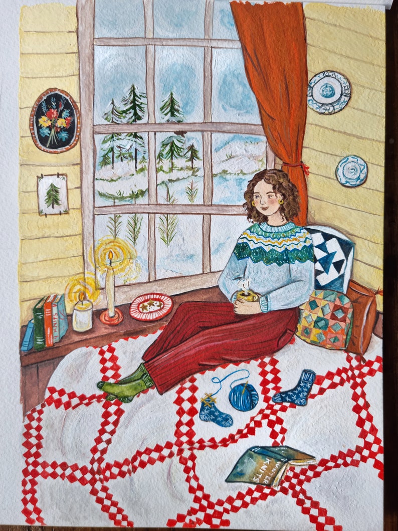 Knitting Nook 1 and 2 set of two A5 prints cosy Christmas and winter illustrations image 4