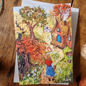 Carte de voeux « soupe aux champignons » - illustration tricot confortable - art populaire d'automne
