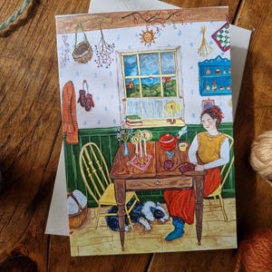 Carte de voeux « Mettez la bouilloire en marche » - illustration tricot confortable - art populaire d'automne