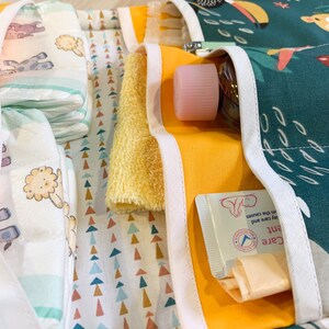 May include: A green and yellow fabric organiser with multiple pockets. The pockets contain baby wipes, a yellow washcloth, a pink bottle with a cap, and a tube of baby cream. The cream tube has the text "Gentle Care and Protection from the causes".