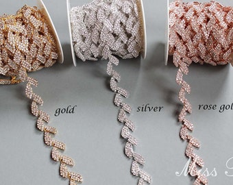 SY Leaf Crystal Trim ,  Leaf Trim , Bridal Crystal Trim,  Rose Gold Rhinestone Trim, Gleaming Applique, Bridal Belt Sash Applique