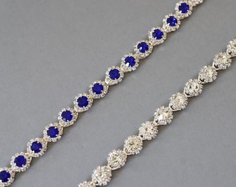 SY royal blue/ silver Rhinestone Applique , Bridal Crystal Trim 1 Yard,  Rhinestone Trim, Gleaming Applique Beaded Applique,  Crystal Chain