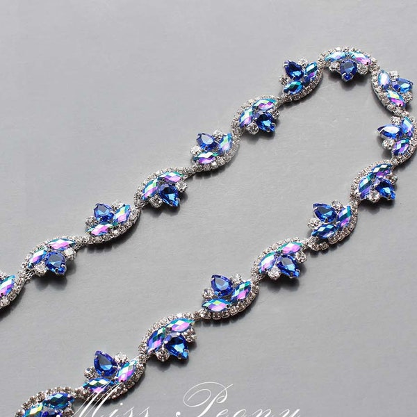 Rhinestone Trim Royal Blue, Rhinestone Applique, Crystal Trim by yard,  Flower Rhinestone Trim, Gleaming Applique , Crystal Chain