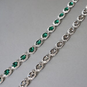 SY Emerald/ Gray Rhinestone Applique , Bridal Crystal Trim 1 Yard,  Rhinestone Trim, Oval Gleaming Applique ，Beaded Applique,  Crystal Chain