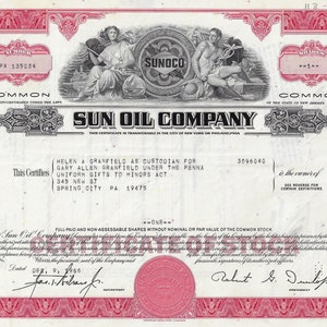 May include: A vintage share certificate for Sun Oil Company, a common stock certificate for one share, issued to Helen A Granfield as custodian for Gary Allen Granfield under the Pennsylvania Uniform Gifts to Minors Act. The certificate is dated 9 December 1966, and signed by Robert S. Dunlop, President.