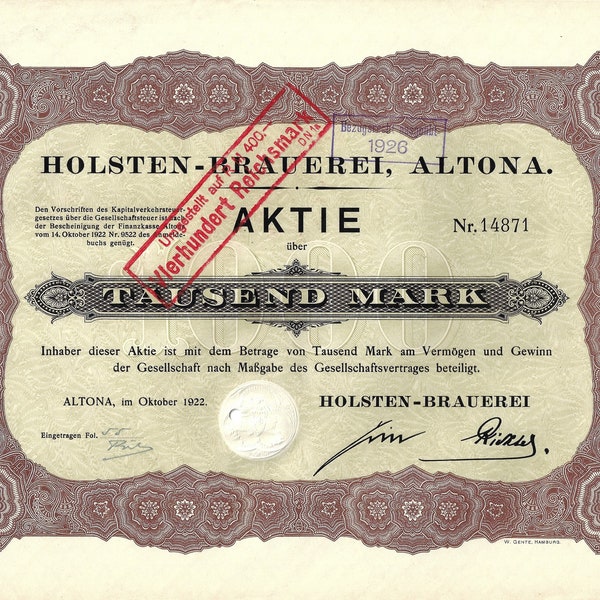 Holsten-Brauerei, Altona - Historische Aktie aus dem Jahr 1922