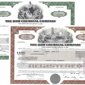 May include: Two vintage stock certificates for The Dow Chemical Company. The top certificate is green and has the text "8.50% DEBENTURE DUE JANUARY 15, 2006". The bottom certificate is brown and has the text "8.625% DEBENTURE DUE FEBRUARY 15, 2008".
