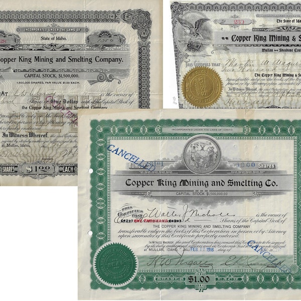 3 Historische Aktien der Copper King Mining & Smelting Company