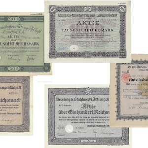 5 historische Wertpapiere aus Deutschland (vor 1945), Original-Aktienzertifikate