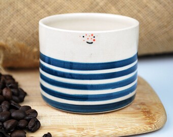 Teale Blue Sailor Character Handmade Flat White Coffee Mug / Handmade on the wheel and hand painted