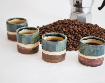 set of 4 espresso cups, perfect gift set for coffee and espresso lovers, gift packaged handmade ceramic, 3.5oz/100ml single or double shot