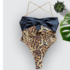 BIKINI LEOPARD PRINT / One Piece Bikini / Animal Print Bikini / Women Swimsuit / Monokini / Gold Chain Straps / Custom Made Bikini