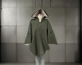 Cozy Hooded Poncho - Olive Green, Textured, Oversized, Unisex Cape with Sleeves - Perfect for Layering - Fashionable Fall/Winter Wear