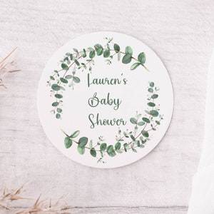 Personalized baby shower stickers - baby shower sticker for favors - botanical eucalyptus - greenery round circle - boho baby Shower