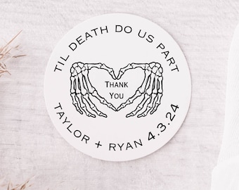 Til Death Do Us Part, Skeleton Wedding Favor Stickers, Goth Wedding Sticker, Skeleton Heart Hands Wedding Labels for Reception Favors