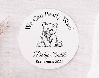 We Can Bearly Wait Teddy Bear Baby Shower Favor Stickers, bear baby shower favors, teddy bear baby shower, Fall Baby Shower, Round Sticker