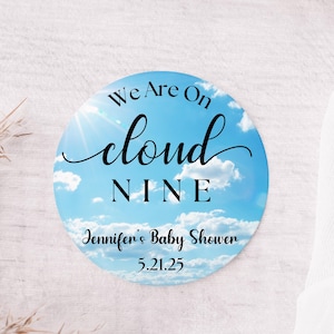 Cloud Nine Baby Shower Favor Stickers - On Cloud Baby Shower Decor, Blue Cloud Nine Theme Baby Shower, Blue On Cloud Shower invitation