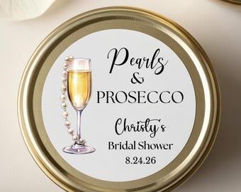 Pearls & Prosecco Bridal Shower Favor Sticker, Pearls and Prosecco Wedding Shower Label, Gold Pearls Champagne Bridal Shower Decoration