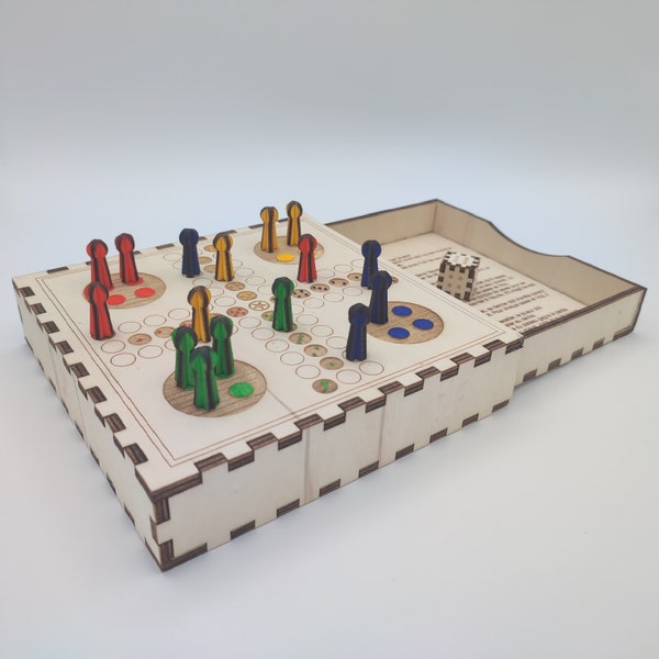 Holzspiele - Kleines Pferd Ludo Holz-Reisespiele für Kinder in einer wiederverschließbaren Box mit 16 farbigen Spielfiguren und einem Würfel