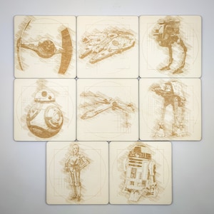 Set mit 8 Holzuntersetzern im Star Wars-Stil. Untersetzer im Da Vinci-Stil