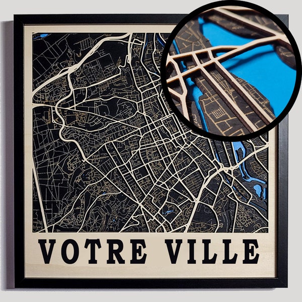 Carte en bois 3D personnalisée de votre ville