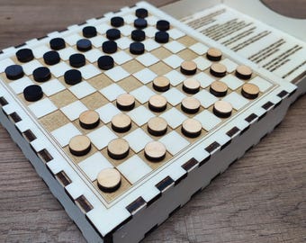 Wooden games - Checkers game - wooden travel game for children in a resealable box with checkers