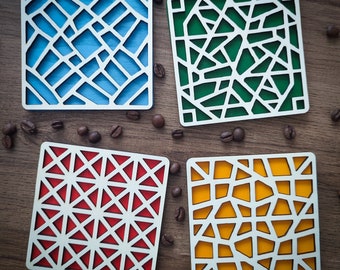 Modern and brightly colored wooden coasters - Gift Idea - home decoration - geometric design - housewarming Christmas Holidays