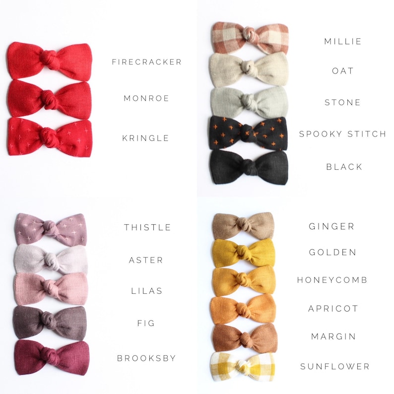 May include: A set of 18 hair bows in various colors and patterns, including red, pink, purple, brown, beige, black, yellow, and white. The bows are made of linen fabric and have a knotted center. The bows are arranged in two columns, with the names of each bow listed next to it.