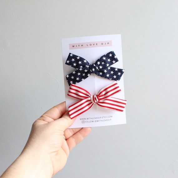 Stars And Stripes Pigtail Set. Patriotic Bows. Patriotic Pigtails. American Bows. Pigtail Sets. Bows Sets. Toddler Bows. Toddler Hair Clips.