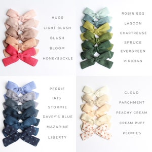 Puede incluir: Surtido de 20 lazos de pelo de tela en varios colores y patrones. Los lazos est&aacute;n dispuestos en cuatro filas de cinco lazos cada una. Los colores incluyen rosa, beige, rojo, azul, verde, azul claro, crema, melocot&oacute;n y blanco. Los patrones incluyen lunares, flores y colores s&oacute;lidos.