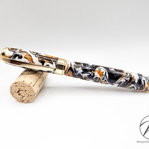 Handcrafted Graduate Pen with Magnetic Cap | Orange, Black, and White Acrylic Swirl with Gold Finish