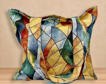 Shopper geometrica gobelin, tote bag artigianale colorata, borsa grande da giorno, handmade geometric tote bag