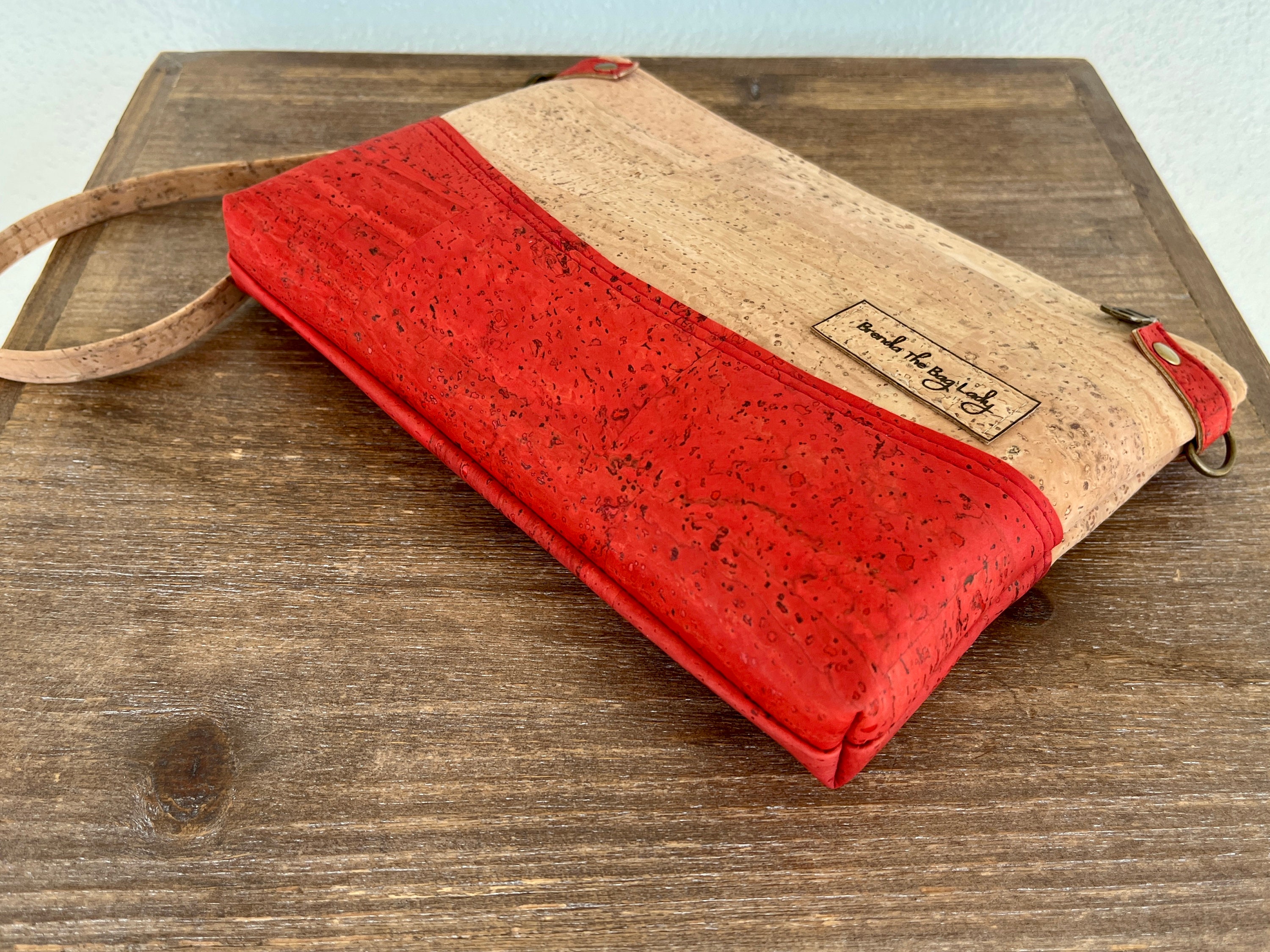 Cork Crossbody/wristlet, Sustainable Cork Purse, Convertible Cork Bag, Natural Cork With Red
